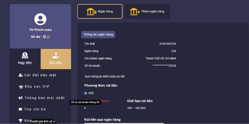 Giao diện nhập thông tin rút tiền PQ88